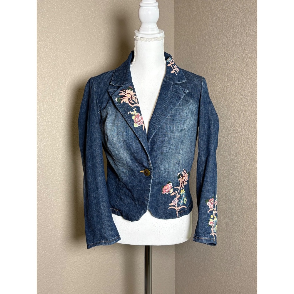 Bisou Bisou Jeans Womens XL Blue Denim Floral Embroidered Blazer Jacket Y2K Boho
